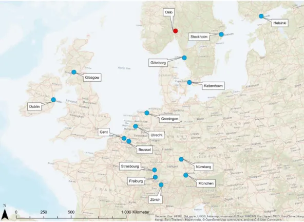 Figur 1: Byenes plassering i Europa 