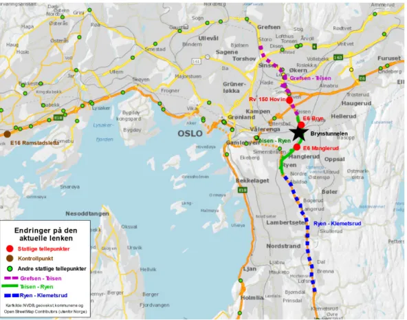Figure S1: Map showing the location of the Bryn tunnel, as well as the counting points (E6 Manglerud, E6 Bryn,  Rv 150 Hovin and the control point E18 Ramstadsletta) and the links (Grefsen–Teisen, Teisen–Ryen and Ryen–