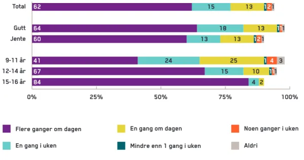Figur 23 Hvor ofte bruker du internett på fritiden? Kjønn og alder. Prosent. Base: Spiller data/TV-spill  (N=1872)
