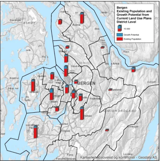 Figur S-2: Estimert vekstpotensial for Bergen basert på gjeldende kommuneplan. 