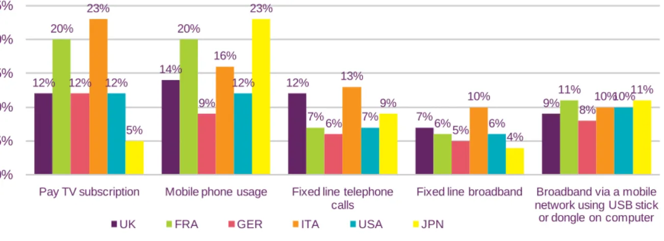Figure 1.13  Intention of internet users to reduce spend on communications services  in next 12 months (users of service)   