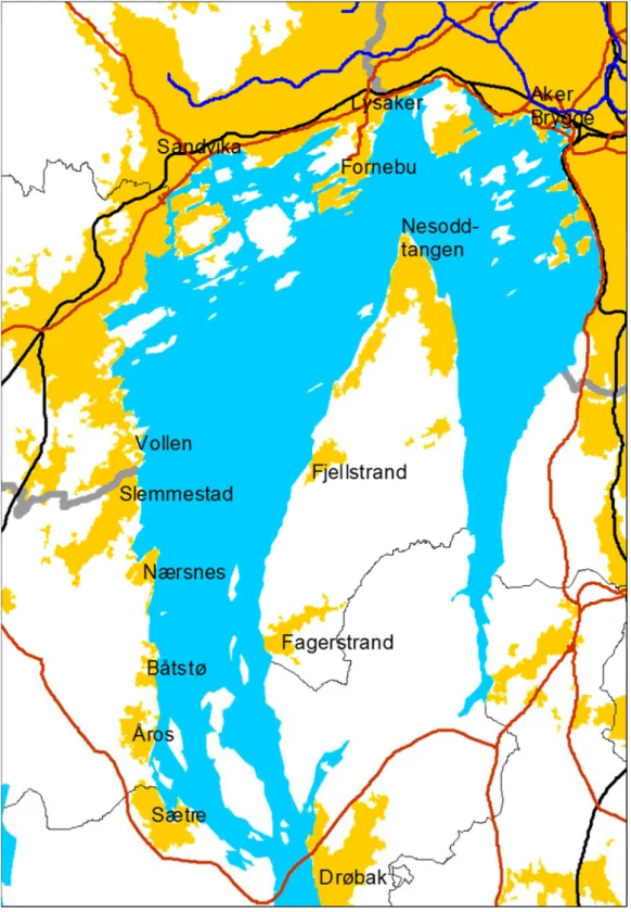 Figur 1.1  Aktuelle anløpssteder rundt indre Oslofjord. 
