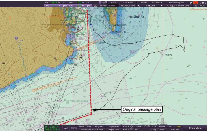 Figure 2a: ANL Wyong’s ECDIS display showing the original passage plan to Algeciras