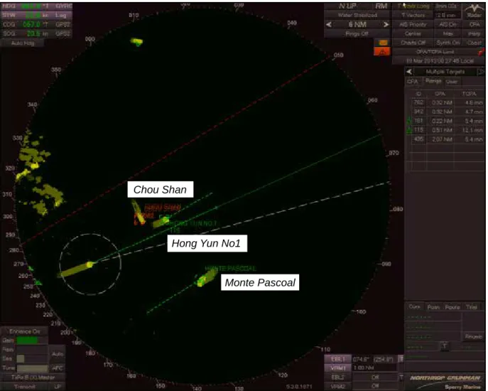 Figure 4: CMA CGM Florida’s port radar display at the time of the second VHF radio call to  Chou Shan