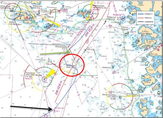 Figure  3.  Excerpt  from  the  chart  showing  AIS  tracks,  the  blue  track  is  PHOENIX  II,  the  red  TERNVAG