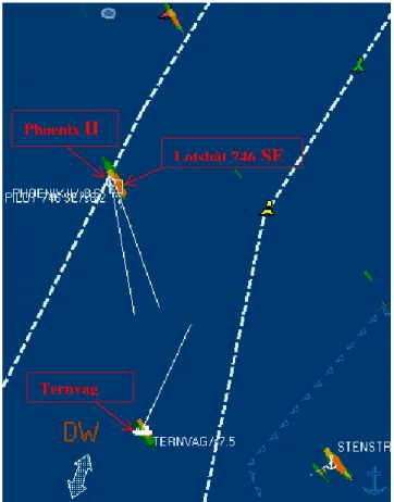 Figure 4. The position of the vessels and pilot boat with 3-minute  vectors at 02:08, when the pilot disembarks.