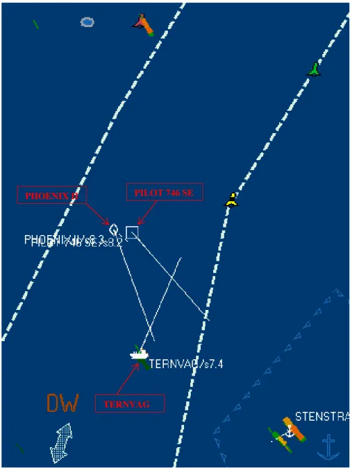 Figure 6. The vessels’ positions, headings and speed at 02:11, when the pilot calls PHOE- PHOE-NIX II from the pilot boat
