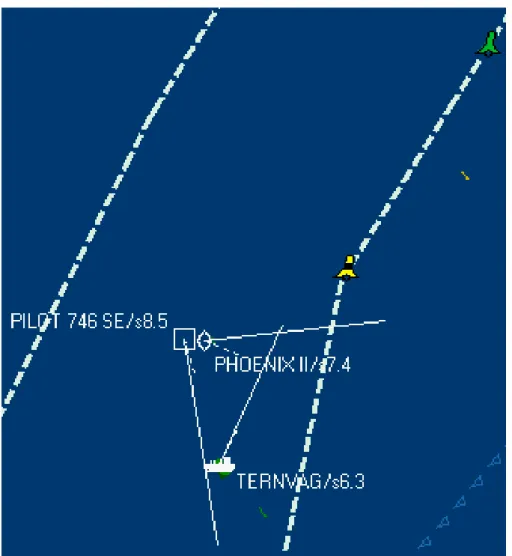 Figure  7.  The  vessels’  positions,  headings  and  speed  at  02:12:30,  when  the  pilot  calls   PHOENIX II from the pilot boat