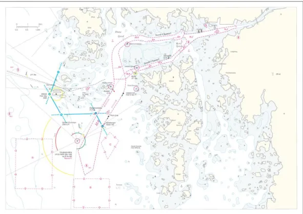Figure  9.  Excerpt  from  a  chart  showing  the  main  fairways,  report  points,  compulsory  pilotage  lines  (blue  lines),  boarding  position  south  Trubaduren  and  anchorages