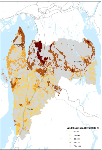 Figur 6. Andelen som pendler til Oslo (andel i ruter 100x100 m). Kilde: SSB sysselsettingsstatistikk 