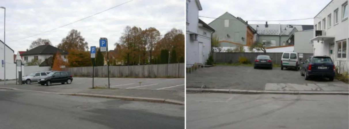 Figur 9. Eksempler på at ledige tomter tas i bruk til parkering (både kommunal og privat) i  sentrumsområder (Sarpsborg) (foto: juh)