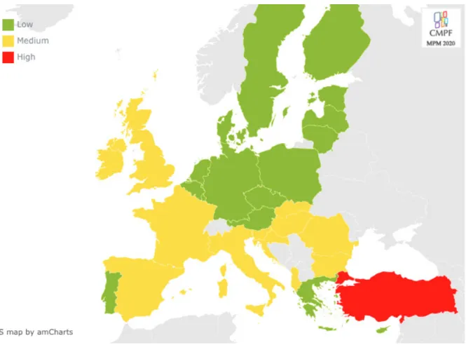 Figure 3.1.3.a. Indicator on Journalistic profession, standards and  protection - Map of risks per country