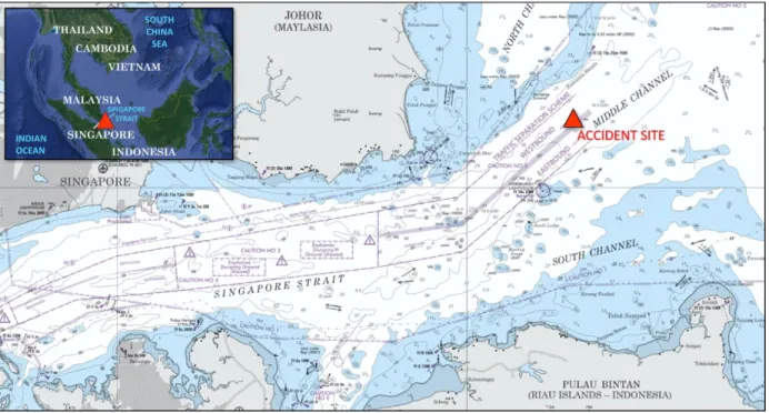 Figure 1.  Accident area. (Adapted from National Geospatial-Intelligence Agency [NGA] Chart 71265; inset  background by Google Earth Pro) 