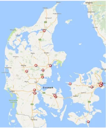 Figur 2.1 Geografisk fordeling af prøvetagningssteder. 