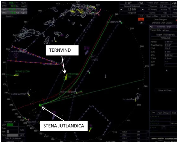 Fig. 15. Radar image (appears with north up) from STENA JUTLANDICA at the moment the turn to port with  a radius of 1.4 M begins