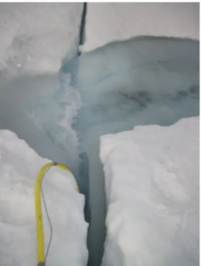 Fig. ED3 Close to the margin in the Leverett catchment (ice thickness ∼400 m), where stream capture lead to the development of moulin L7 used for tracing experiments in 2011 [12]