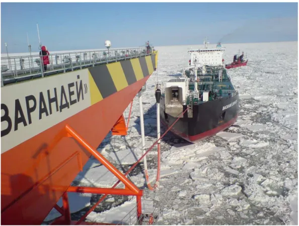 Figure 13 Offshore offloading in ice at Varandey, Pechora Sea, Russia (Courtesy of Aker Solutions) 