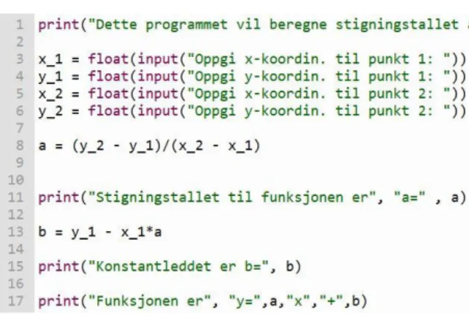 Figur 3: Stigningstall og konstantledd til en lineær funksjon i Python 