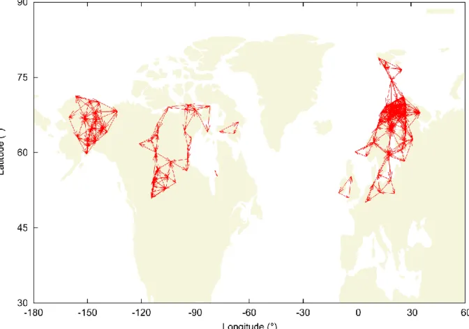 Figure 4.11: Triplets of stations (depicted as triangles) within 600km of each other upon  which a disturbance simulation was performed