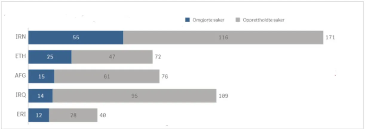 Figur 10: Utfall av realitetsbehandlede asylsaker fordelt på topp 5 nasjonaliteter  