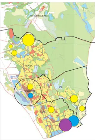 Figur 5: Arealutviklingen i scenario Null (sirklene angir  omtrentlig fordeling). Gule sirkler representerer boliger, lilla  handel og blå arbeidsplasser.