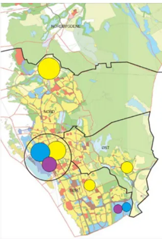 Figur 6: Arealutviklingen i scenario Sentrum (sirklene angir  omtrentlig fordeling). Gule sirkler representerer boliger, lilla  handel og blå arbeidsplasser.