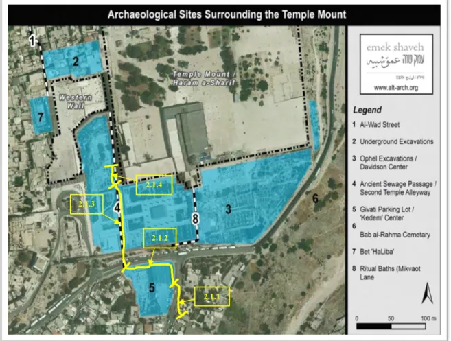 Figure 2.1 Approximate route of the video tour in yellow (added by me), with reference to thesis sub-chapters (Map  source: Emek Shaveh 2015) 