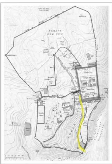 Figure 3.2 Jerusalem in the Roman Period with the approximate  location of the Stepped Stone structure (marked in yellow by  me) (Map source: Bahat and Rubinstein 1990) 
