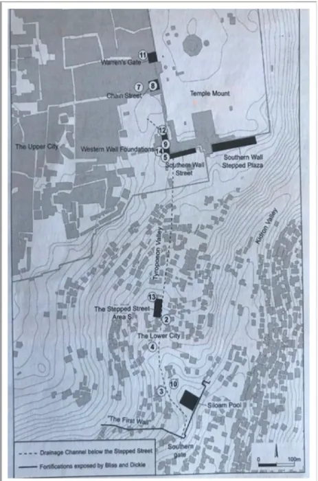 Figure 3.4 Locations of the fourteen historical archaeological digs on the Stepped  Street structure (Source: Szanton et al