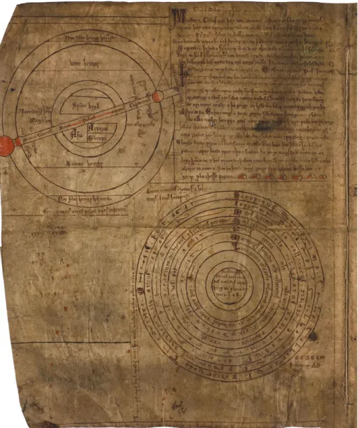 Fig. 20.7: Cosmological diagrams and a Latin verse on the Holy Cross, facing the plan of Jerusalem on the opposite folio