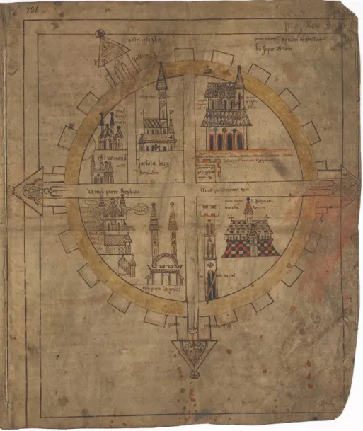 Fig. 20.2: Plan of Jerusalem. Icelandic manuscript fragment, early fourteenth century (AM 736 I 4to, fol
