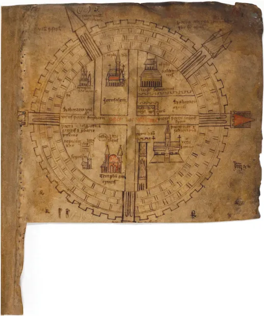 Fig. 20.3: Plan of Jerusalem. Icelandic manuscript, early fourteenth century (AM 544 4to, Hauksbók, fol