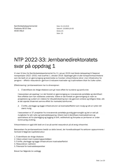 Nasjonal Transportplan 2022–2033: Oppdrag 1. Svar Fra Jernbanedirektoratet