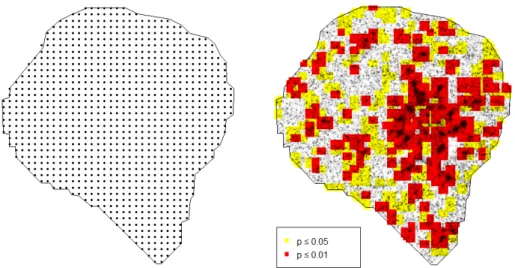 Figure A.6: Blinking corrected CSR testing on the entire cell. Left: the interior of the cell was segmented out, and an evenly spaced grid with separation 500nm was overlaid