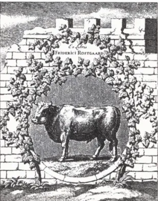 Fig.  2.  F.ndnu et exlibris for  Frederik Rostgaard.  Her er  slægtens oxe set  på bag­