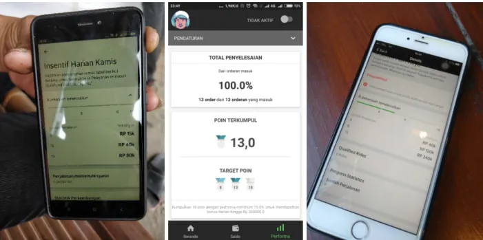 Figure 14: A Grab motorcycle driver shows me his daily incentive scheme, a screenshot from a GoCar driver who has  successfully earned the middle bonus tier, a Grab car driver showing me how he was disqualified from his bonus due to 