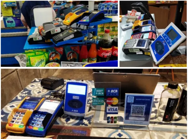 Figure 5: Each bank and payments provider issue their own card reading terminals, leading to cluttered counters  and metal ‘terminal trees’ as can be seen in the bottom photo