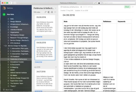 Figure 7. Field notes. This screenshot exemplifies how I structured my notes by date, and further divided the  observations by ‘note’, ‘reflection’ and ‘keywords’