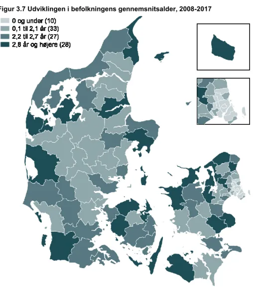 Figur 3.7 Udviklingen i befolkningens gennemsnitsalder, 2008-2017 