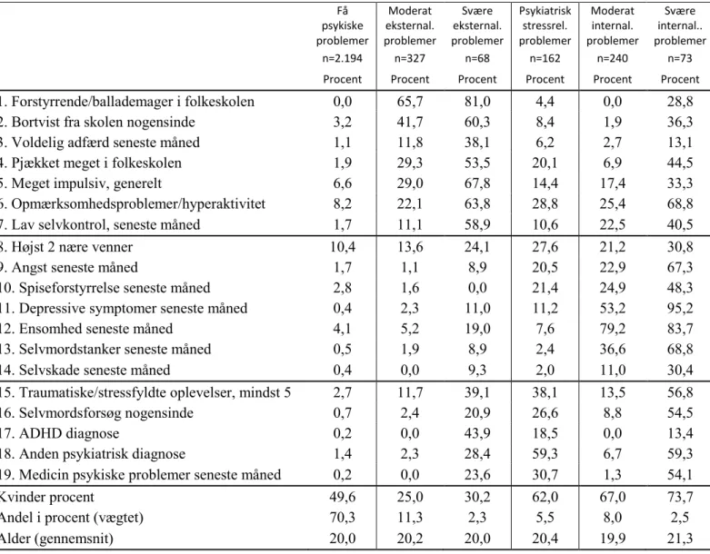 Tabel 3.  Kendetegn for de 6 typer af danske unge (udspecificeret). 