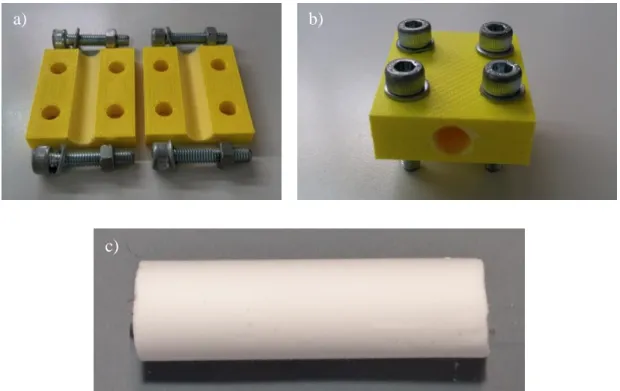 Fig.  3.3:  3-D  printed  mould  for  cylindrical  specimen:  (a)  components  (b)  assembled  mould  (c)  the  resulting sample