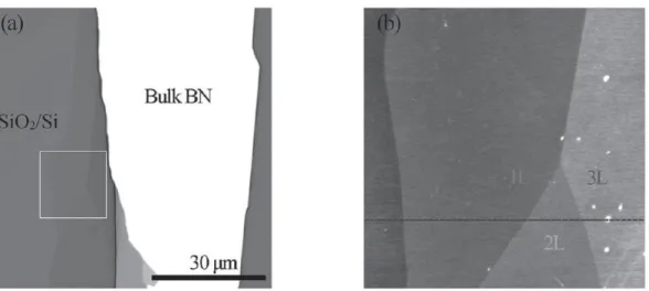 Figure  2:  (a)  Optical  microscopy  image  of  exfoliated  hBN  nanosheets.  (b)  AFM  image  corresponding to the square in (a)