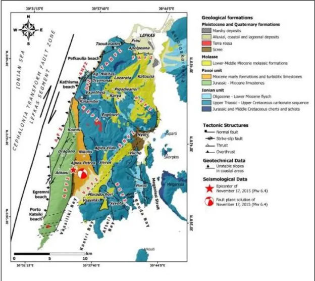 Figure 8: Neotectonic map of Lefkas Island based on Lekkas et al. (1999, 2001) and Rondoyanni et  al