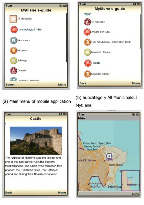 Figure  4-10.  Screenshots  of  the  Mytilene  e-guide   Java  ME-based  mobile  tourist  application taken from a mobile phone emulator