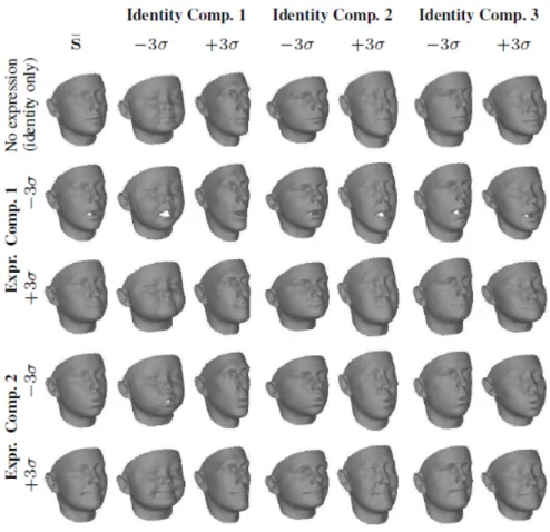 Figure 2.2: Visualization of an additive 3DMM (Eq. 2.3) for capturing both identity and expression variations