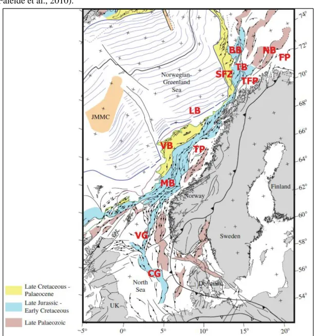 Figure 2. Main structural elements in investigated area of Norwegian Margin and related  different rift phases