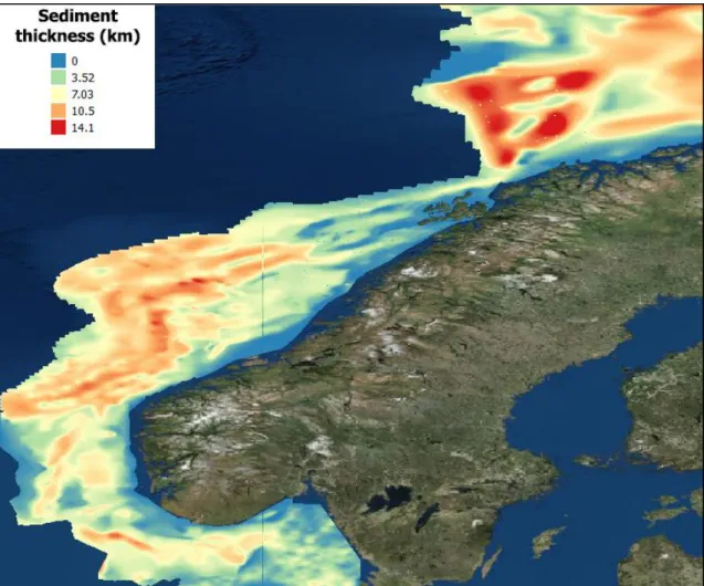 Figure 3. Example of mesh, based on GSN data. Thickness of sediments in  the Norwegian margin area and the North Sea (km)