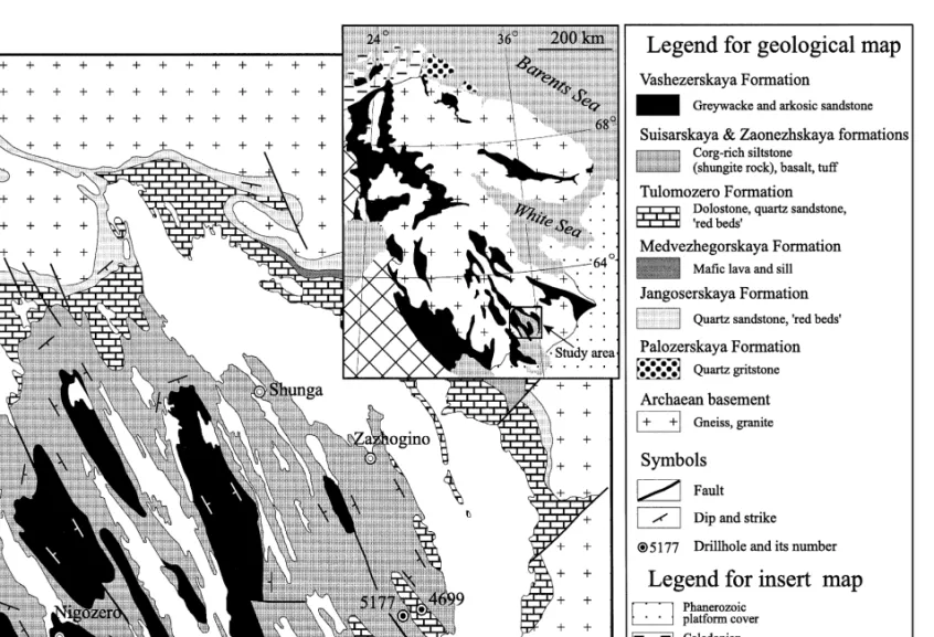 Fig. 6. Geographical and geological location of the study area inset map , and geological map of the northern Onega Lake area simplified from Akhmedov et al., 1993 .
