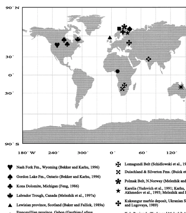 Fig. 2. World-wide distribution of the Palaeoproterozoic 2.40–2.06 Ga C-rich carbonate rocks modified from Melezhik et al., 1997a .