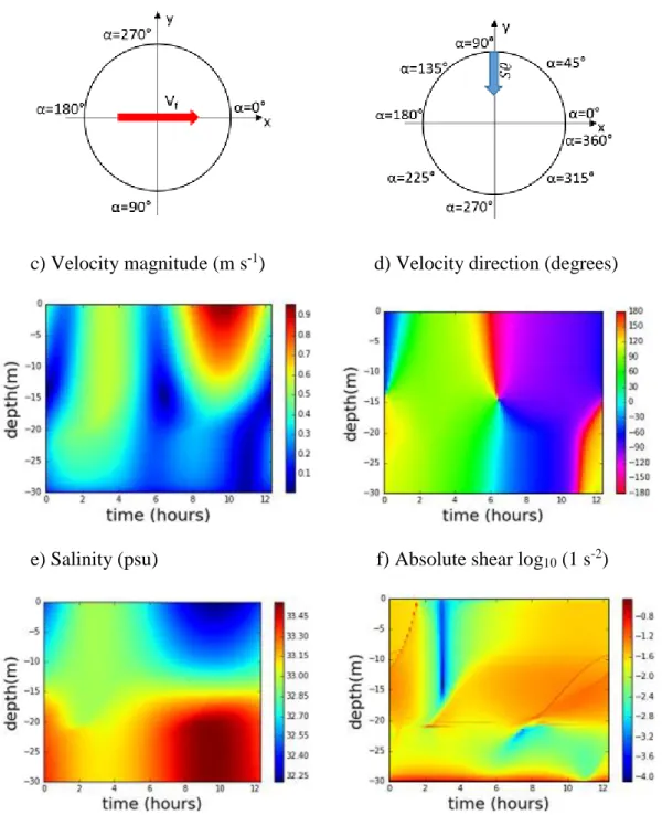 Figure 13.  a) Tidal  forcing velocity;  b)  Density salinity  gradient direction;  c) Velocity  magnitude  (m  s -1 );  d) Velocity direction (degrees); e)  Salinity  (psu);  f)  Absolute shear  log 10   (m  s -1 )